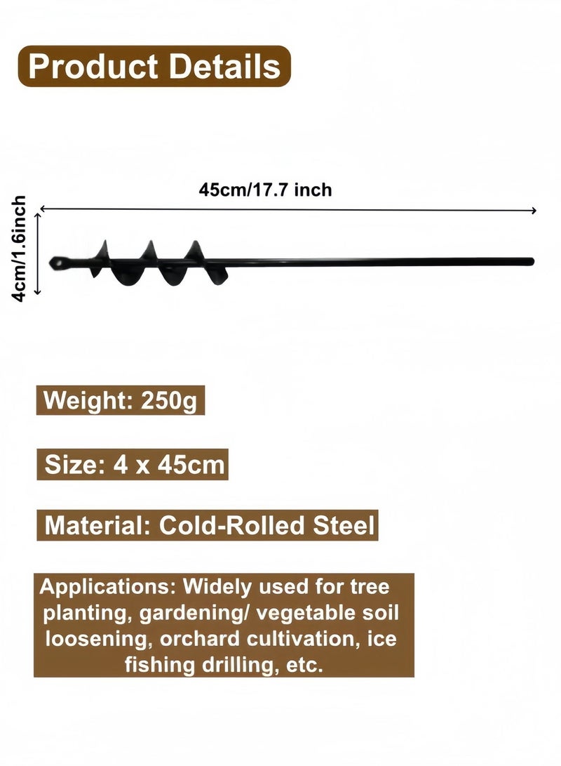 Poxvalzor Garden Auger Drill Bit, 4×45cm Heavy-Duty Spiral Earth Auger for Hex Drive Drill, Rust-Resistant Cold-Rolled Steel Bulb Planter & Post Hole Digger for Yard, Flower, Vegetable, Fruit Tree, Orchard Planting – Black - Image 2