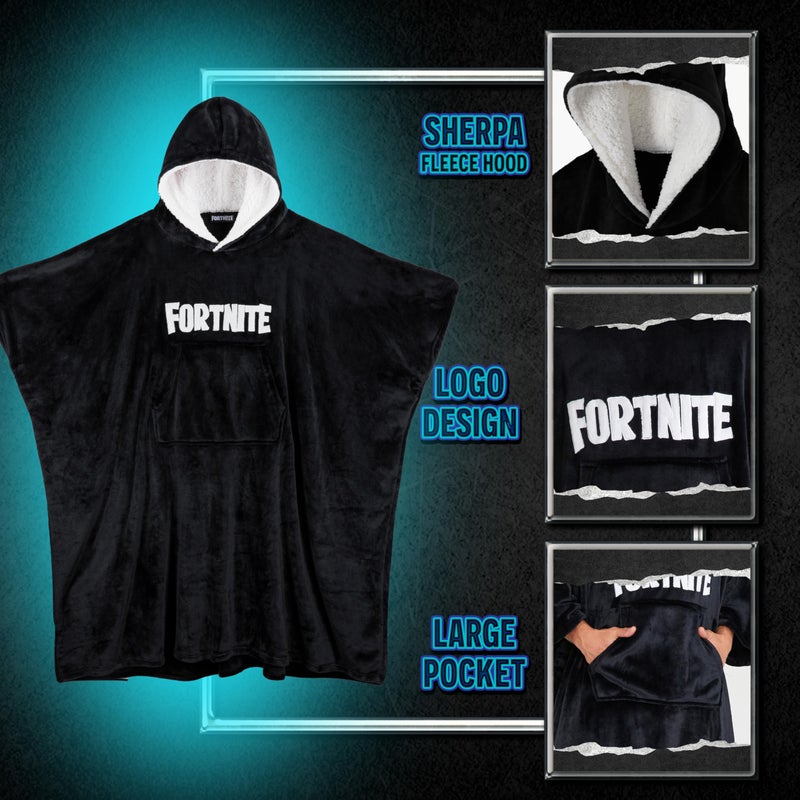 فورتنيت Fortnite كبير الحجم هوديي بطانية الأطفال الصوفاء إضافي طويل بطانية يمكن ارتداؤها بونشو بويز فتيات المراهقين 14+ (أسود طويل/14+) - Image 4
