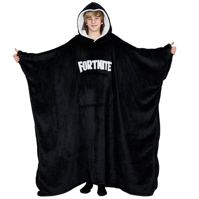 فورتنيت Fortnite كبير الحجم هوديي بطانية الأطفال الصوفاء إضافي طويل بطانية يمكن ارتداؤها بونشو بويز فتيات المراهقين 14+ (أسود طويل/14+) - Image 1