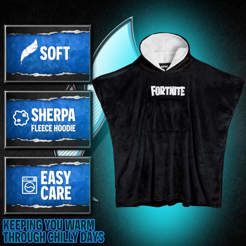فورتنيت Fortnite كبير الحجم هوديي بطانية الأطفال الصوفاء إضافي طويل بطانية يمكن ارتداؤها بونشو بويز فتيات المراهقين 14+ (أسود طويل/14+) - Image 5