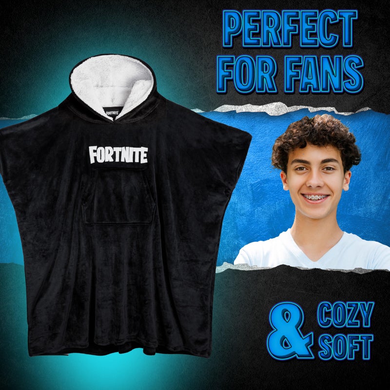 فورتنيت Fortnite كبير الحجم هوديي بطانية الأطفال الصوفاء إضافي طويل بطانية يمكن ارتداؤها بونشو بويز فتيات المراهقين 14+ (أسود طويل/14+) - Image 2
