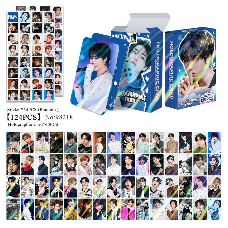 HAN 124PCS Holographic Cards & Star Stickers Set – 60PCS Holographic LOMO Cards + 64PCS Random Celebrity Stickers for DIY Scrapbooking, Album Decoration, Journaling, and Birthday Gift for Teens