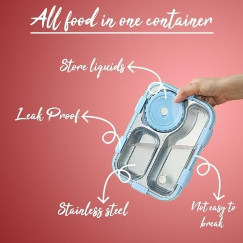 Royals hub Lunch Box 3 Compartment Out Side Leak-Proof BPA Free Stainless Steel, Lunch Box for Kids, Adults, Men Women, Lunch Box for School & Office with a Fork, Spoon, Chopsticks, (Blue), 750 ml - Image 4