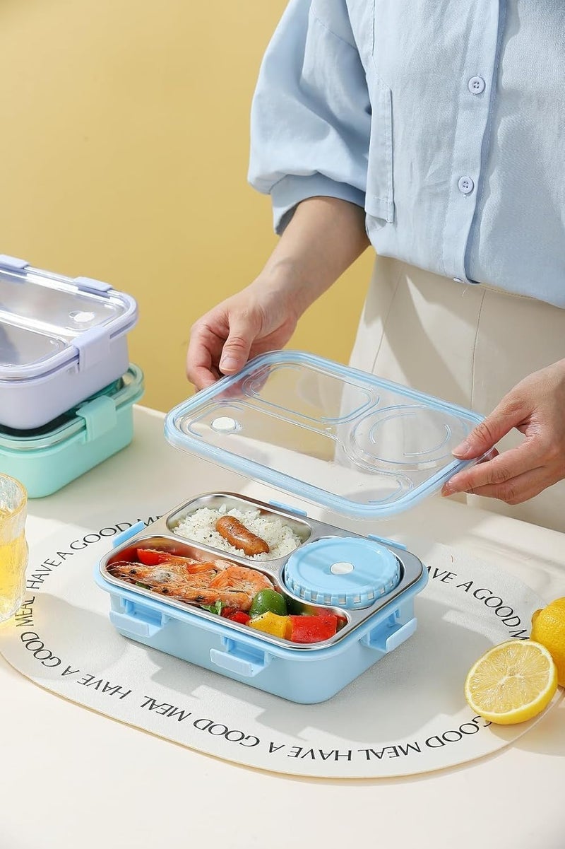 Royals hub Lunch Box 3 Compartment Out Side Leak-Proof BPA Free Stainless Steel, Lunch Box for Kids, Adults, Men Women, Lunch Box for School & Office with a Fork, Spoon, Chopsticks, (Blue), 750 ml - Image 3