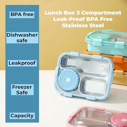 Royals hub Lunch Box 3 Compartment Out Side Leak-Proof BPA Free Stainless Steel, Lunch Box for Kids, Adults, Men Women, Lunch Box for School & Office with a Fork, Spoon, Chopsticks, (Blue), 750 ml - Image 5