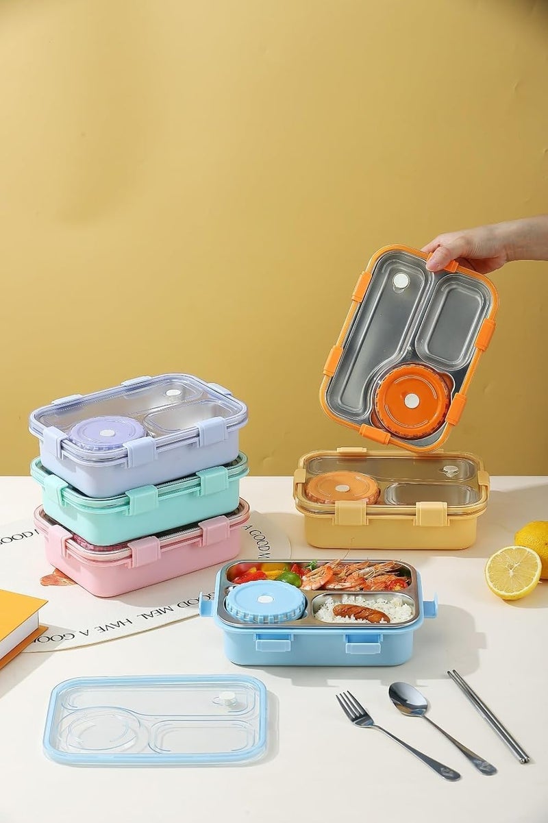 Royals hub Lunch Box 3 Compartment Out Side Leak-Proof BPA Free Stainless Steel, Lunch Box for Kids, Adults, Men Women, Lunch Box for School & Office with a Fork, Spoon, Chopsticks, (Blue), 750 ml - Image 2