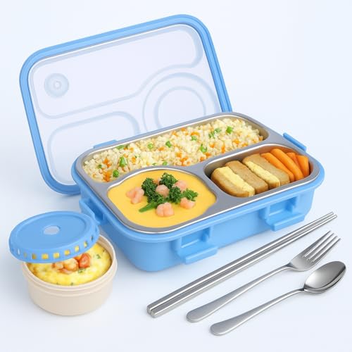 Royals hub Lunch Box 3 Compartment Out Side Leak-Proof BPA Free Stainless Steel, Lunch Box for Kids, Adults, Men Women, Lunch Box for School & Office with a Fork, Spoon, Chopsticks, (Blue), 750 ml - Image 1