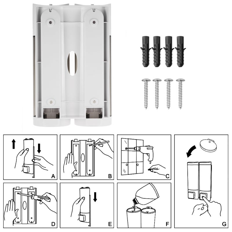 CHUANGDIAN Manual Hand Soap Dispenser Wall Mount Double Liquid Shampoo Shower Gel Dispenser Hand Cleanser Washroom Lotion Dispenser for Bathroom Restroom Hotel 200mlx2 - Image 4