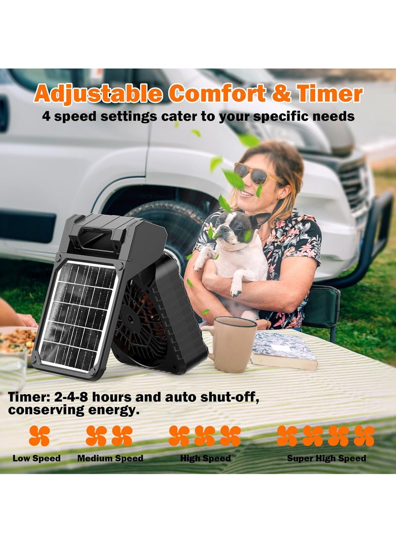 Generic - Portable Solar Fan, 5200mAh Battery Powered Fan with LED Light, 4 Speeds Powerful Wind, Rechargeable Battery Operated Fan with 3 Timer & PowerBank for Hurricane Picnic Tent Home Travel - Image 1
