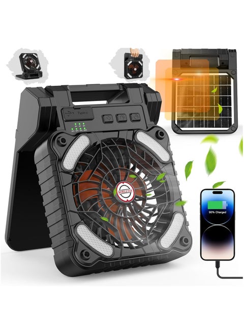 Portable Solar Fan, 5200mAh Battery Powered Fan with LED Light, 4 Speeds Powerful Wind, Rechargeable Battery Operated Fan with 3 Timer & PowerBank for Hurricane Picnic Tent Home Travel