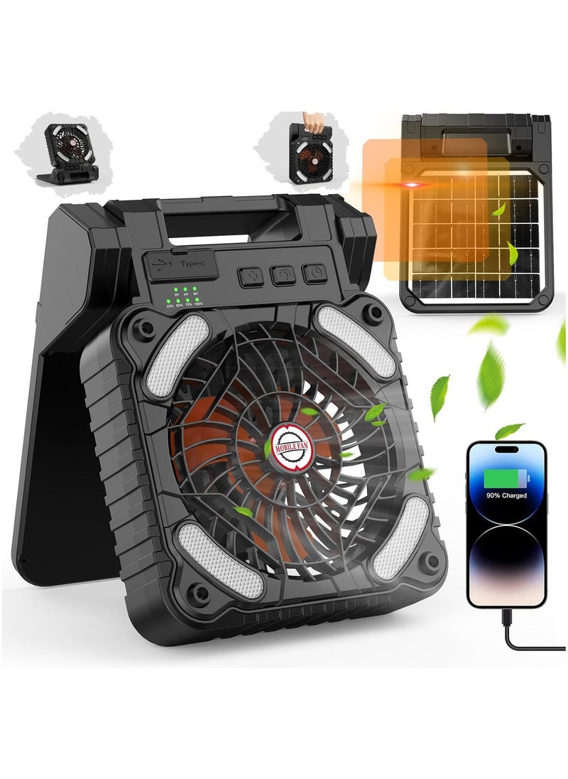 Generic - Portable Solar Fan, 5200mAh Battery Powered Fan with LED Light, 4 Speeds Powerful Wind, Rechargeable Battery Operated Fan with 3 Timer & PowerBank for Hurricane Picnic Tent Home Travel - Image 1