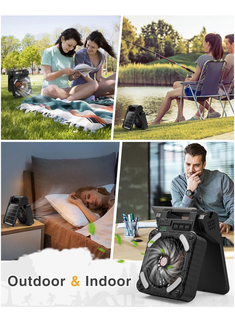 Generic - Portable Solar Fan, 5200mAh Battery Powered Fan with LED Light, 4 Speeds Powerful Wind, Rechargeable Battery Operated Fan with 3 Timer & PowerBank for Hurricane Picnic Tent Home Travel - Image 1