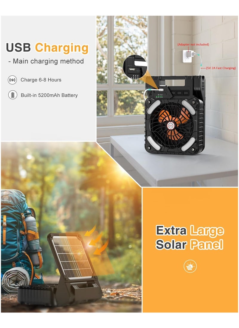 Generic - Portable Solar Fan, 5200mAh Battery Powered Fan with LED Light, 4 Speeds Powerful Wind, Rechargeable Battery Operated Fan with 3 Timer & PowerBank for Hurricane Picnic Tent Home Travel - Image 1