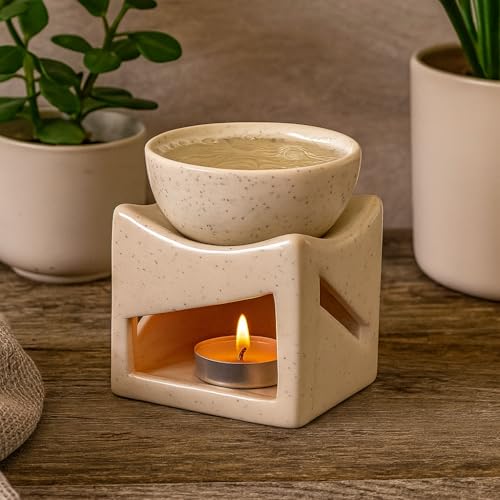 Mkd2 Rise Ceramic Clay Candle Operated Aroma Burner Oil Diffuser/Oil Burner Lamp with 1 Tealight (Mustard, Square) for Fragrance - Image 2