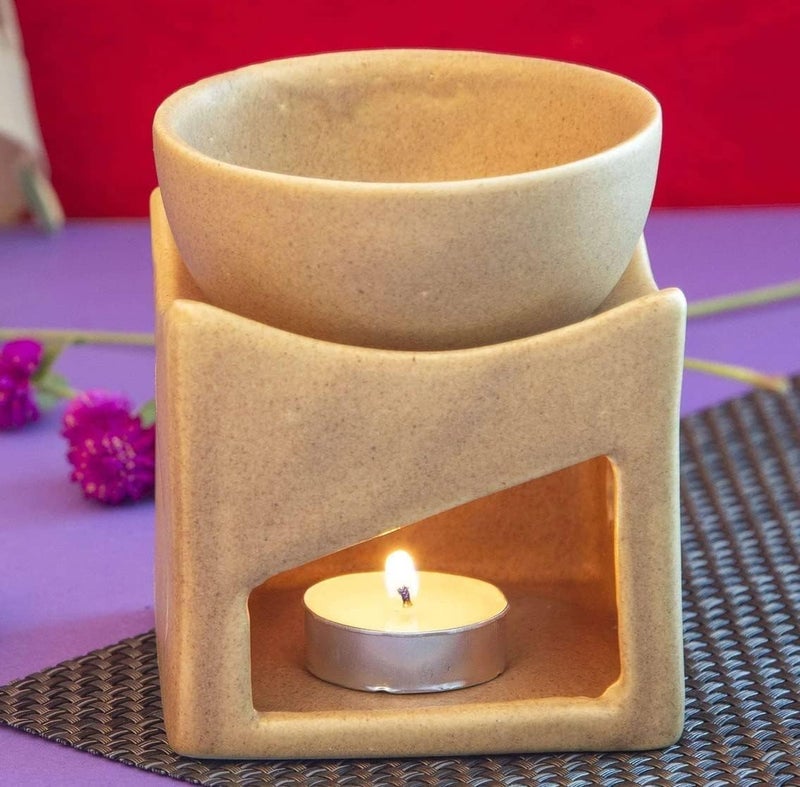 Mkd2 Rise Ceramic Clay Candle Operated Aroma Burner Oil Diffuser/Oil Burner Lamp with 1 Tealight (Mustard, Square) for Fragrance - Image 1