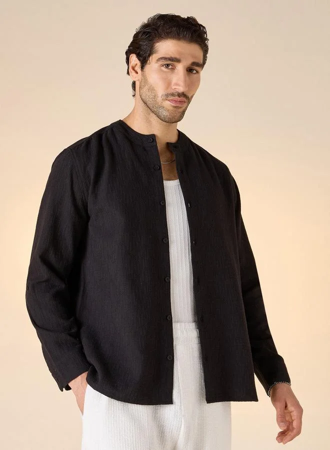 Iconic Textured Shirt with Mandarin Collar and Long Sleeves