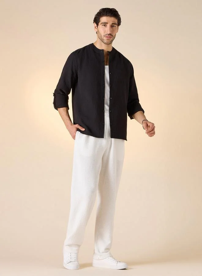 Iconic Iconic Textured Shirt with Mandarin Collar and Long Sleeves