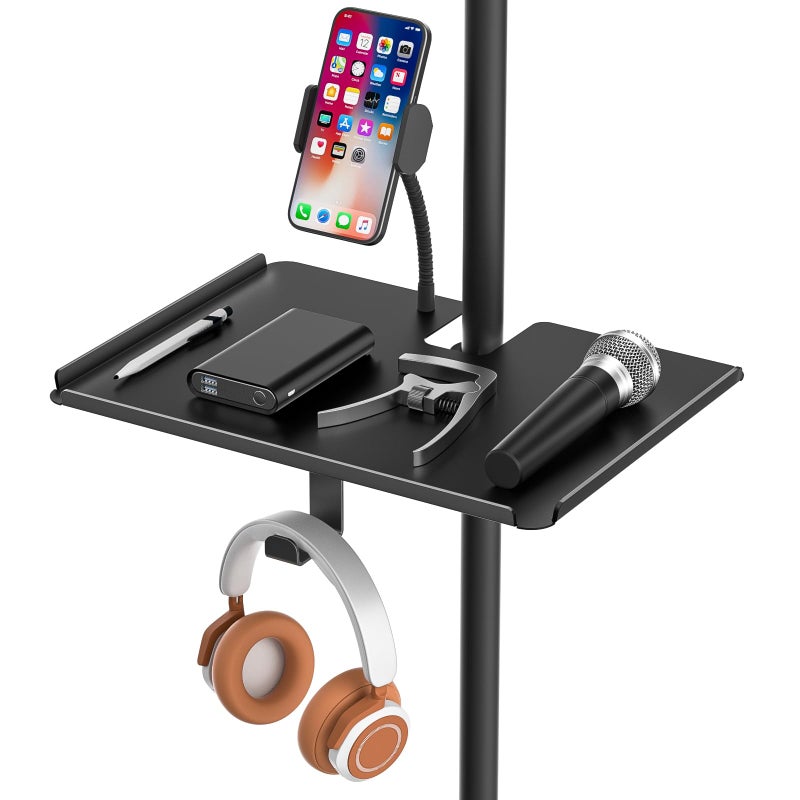 Chunxiao Metal Microphone Stand Tray with Mic Stand Phone Holder - 11.7" x 7.8" Functional Large Mic Stand Tray Shelf for Studio, Concert, Karaoke Clamp on Music Stand Shlef Attachment - Image 1