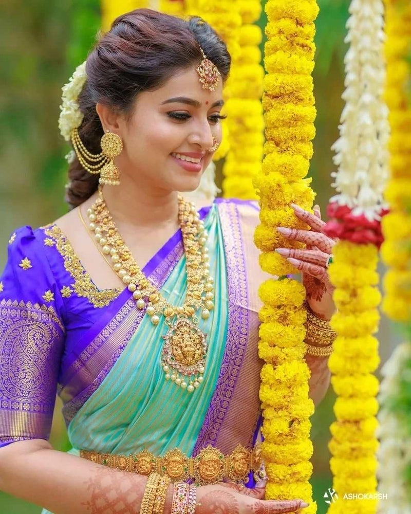Yashika Women's Fancy Banarasi Kanjivaram Art Silk Saree with Blouse Pieces||Mint Green Coloured Kanjivaram Saree|| AZ-YS-OG-SARKAR BLUE - Image 4