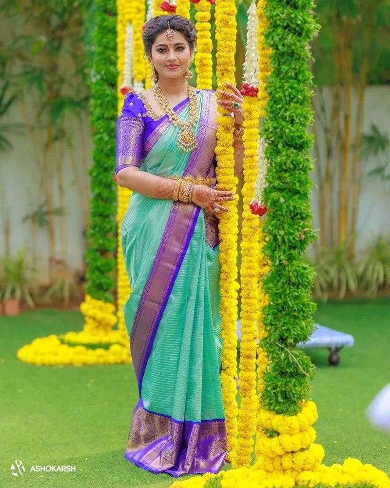 Yashika Women's Fancy Banarasi Kanjivaram Art Silk Saree with Blouse Pieces||Mint Green Coloured Kanjivaram Saree|| AZ-YS-OG-SARKAR BLUE - Image 2