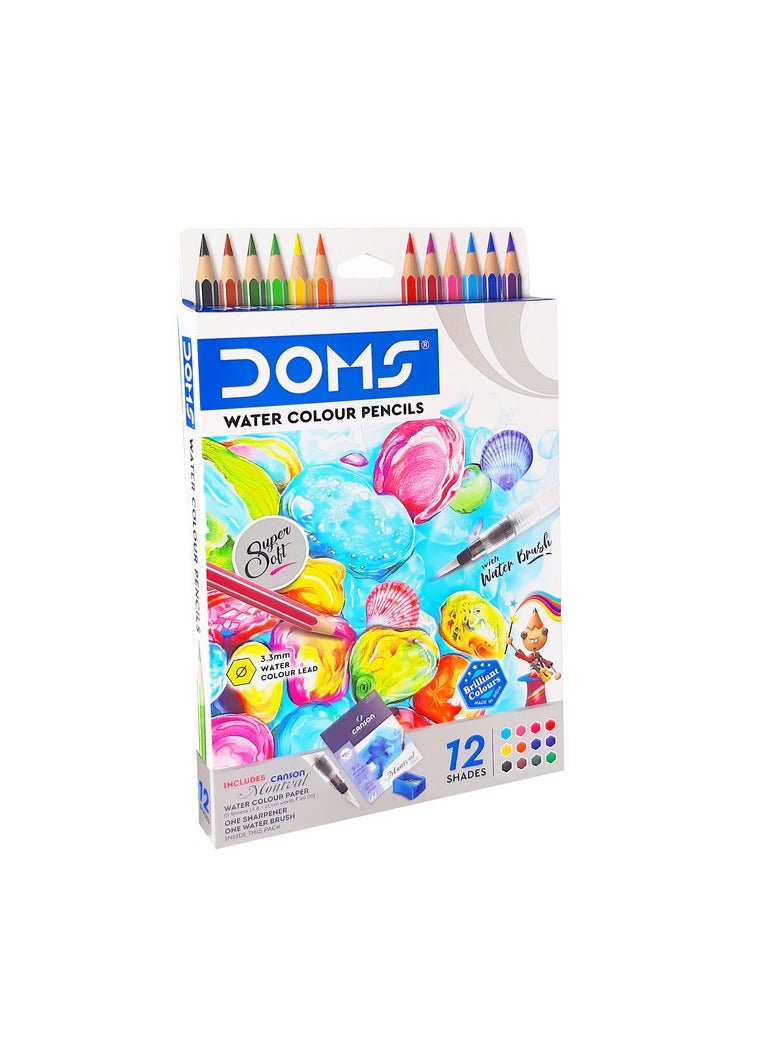 DOMS 12 Shades Water Colour Pencils with Free Canson 5 Sheets Book, Water Brush and Sharpener - Image 1