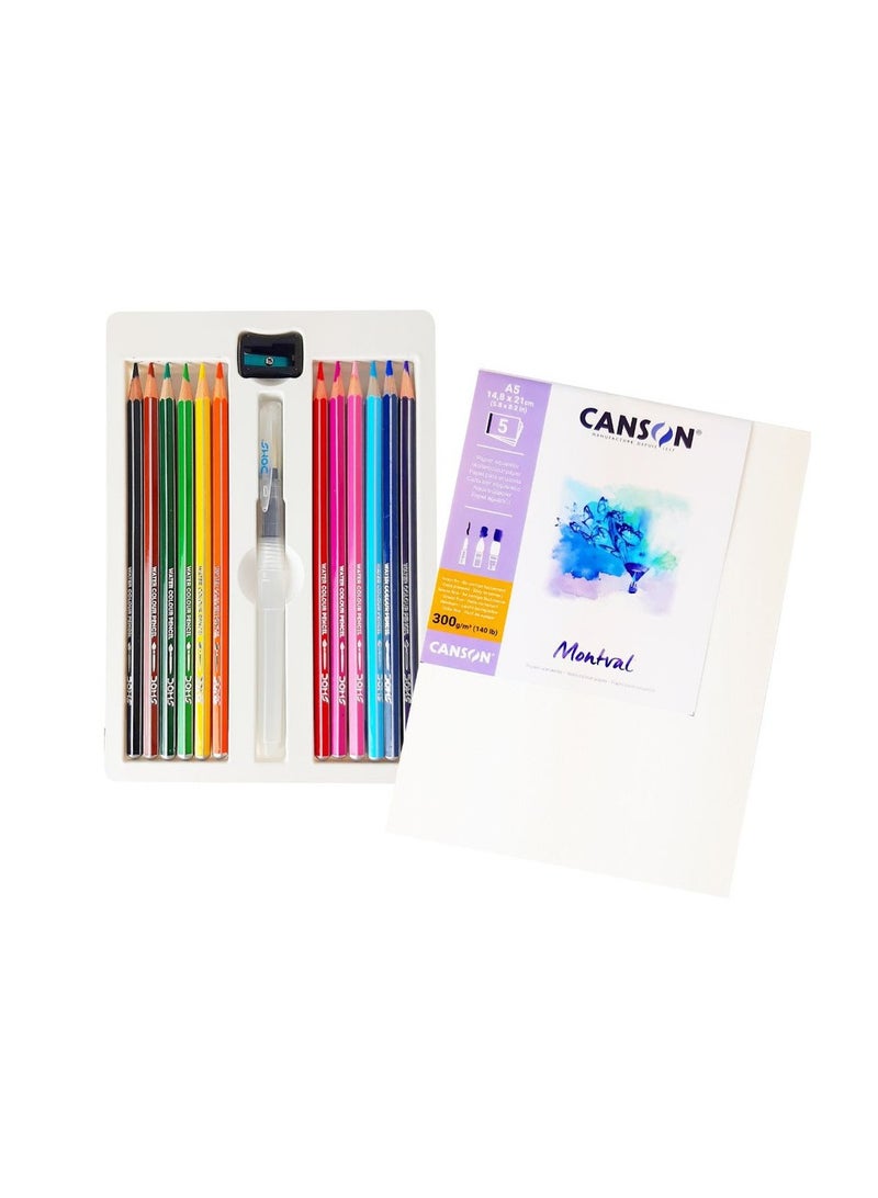 DOMS 12 Shades Water Colour Pencils with Free Canson 5 Sheets Book, Water Brush and Sharpener - Image 2