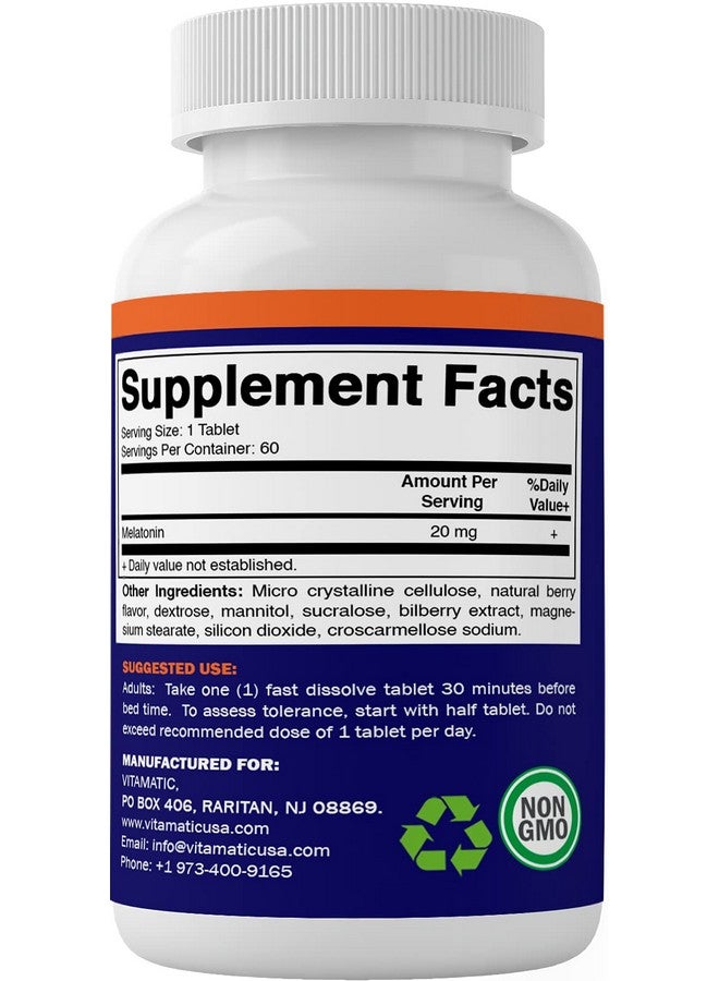 Vitamatic Melatonin 20 mg Tablets | Vegetarian, Non-GMO, Gluten Free | 60 Fast Dissolve Tablets | Natural Berry Flavor | - Image 4