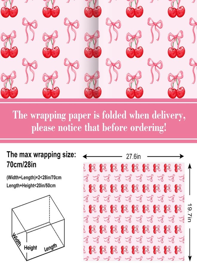FYSUIMU 6 Sheets Pink Bow Cherry Wrapping Paper - Not Roll - Watercolor Cherry Bow Gift Wrap Paper Folded Flat for Birthday Baby Shower Wedding DIY Crafts, 19.7 x 27.6 Inch - Image 2