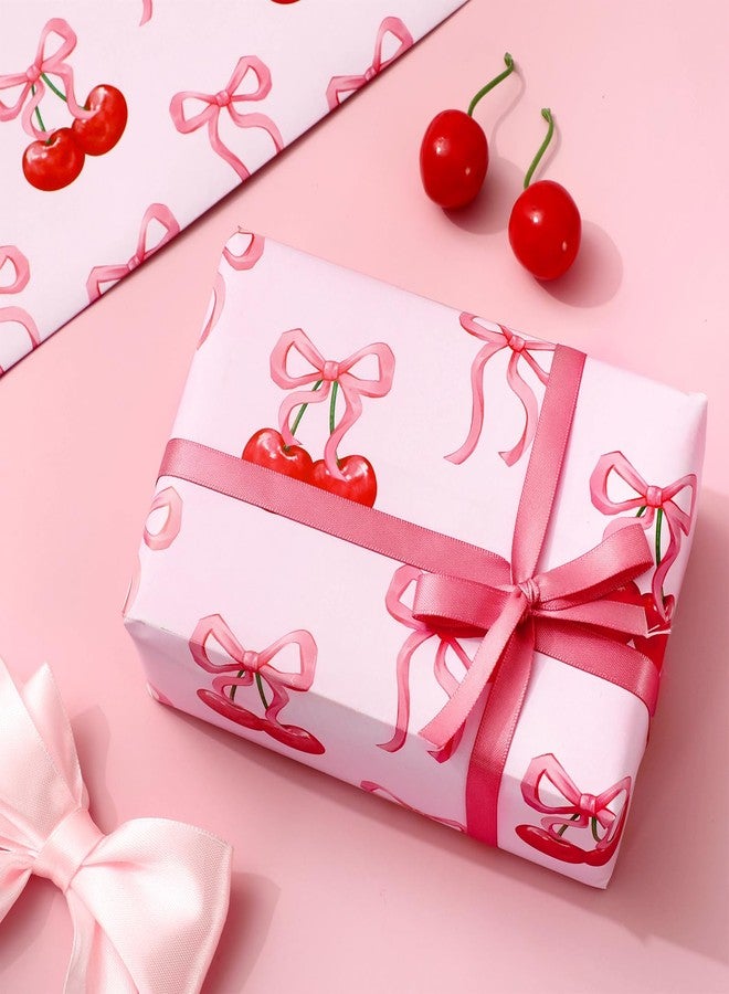 FYSUIMU 6 Sheets Pink Bow Cherry Wrapping Paper - Not Roll - Watercolor Cherry Bow Gift Wrap Paper Folded Flat for Birthday Baby Shower Wedding DIY Crafts, 19.7 x 27.6 Inch - Image 1