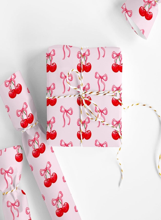 FYSUIMU 6 Sheets Pink Bow Cherry Wrapping Paper - Not Roll - Watercolor Cherry Bow Gift Wrap Paper Folded Flat for Birthday Baby Shower Wedding DIY Crafts, 19.7 x 27.6 Inch - Image 4