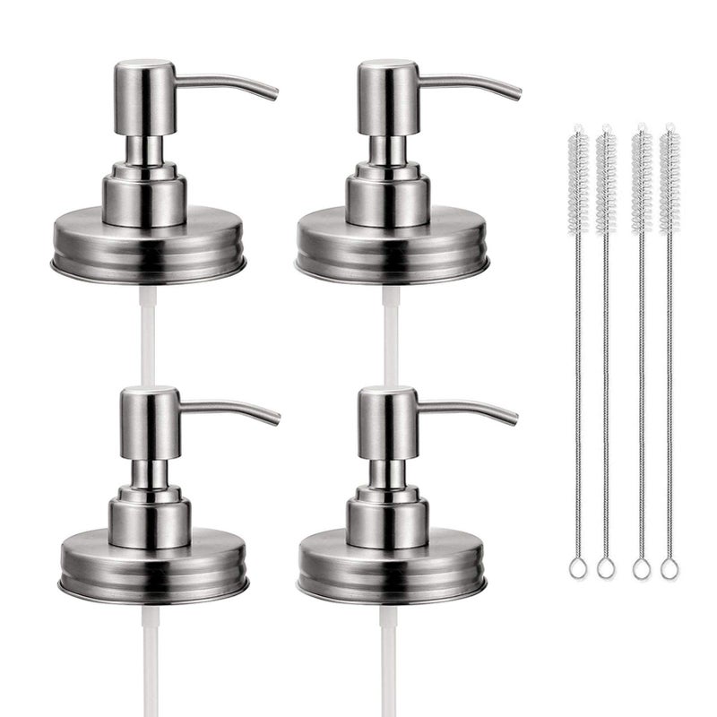 4 Pack Mason Jar Soap Dispenser Lids with Pumps Rustproof Stainless Steel Lotion Soap Dispenser Lids Replacement for 16 oz Regular Mouth Mason Jar Decor 4 Brushes Included Silver