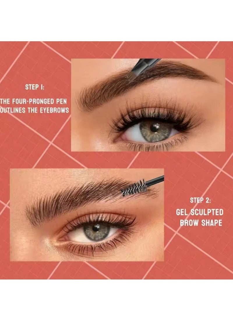 Double End Eyebrow Shaping 2 in 1 4 Tip Head Brow Pen and Eyebrow Gel Clear Brow Styling Gel and Eyebrow Color Ink Pen Hair Like Strokes Smooth Stroke Liquid Eyebrow Pencil Dark Brown 02