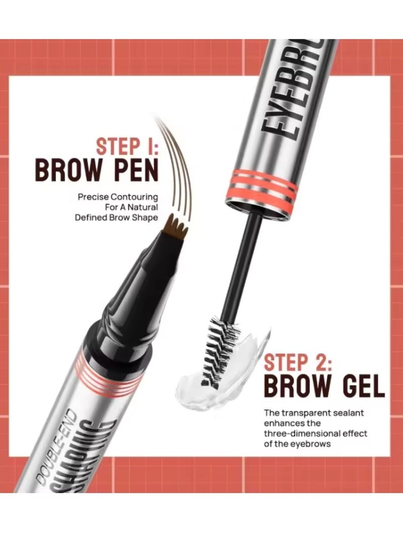 Double End Eyebrow Shaping 2 in 1 4 Tip Head Brow Pen and Eyebrow Gel Clear Brow Styling Gel and Eyebrow Color Ink Pen Hair Like Strokes Smooth Stroke Liquid Eyebrow Pencil Dark Brown 02