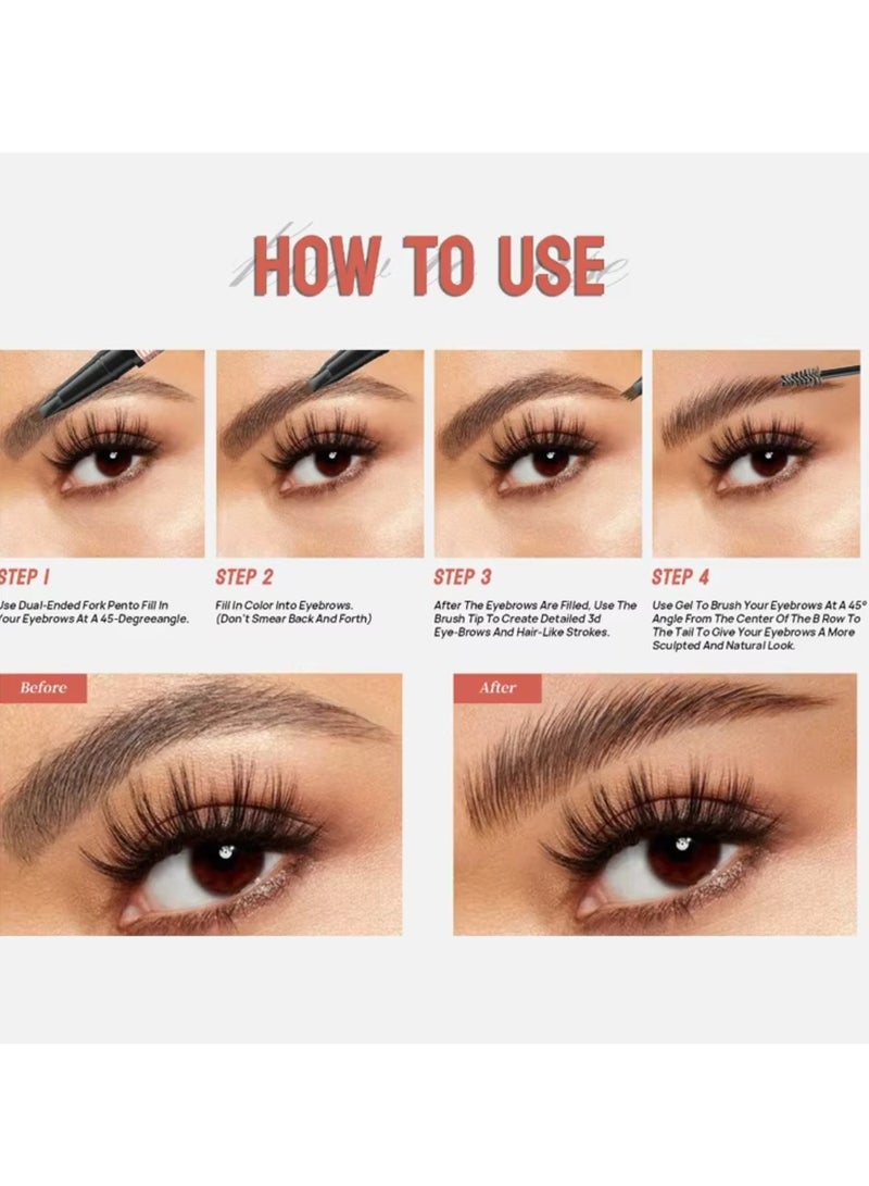 Double End Eyebrow Shaping 2 in 1 4 Tip Head Brow Pen and Eyebrow Gel Clear Brow Styling Gel and Eyebrow Color Ink Pen Hair Like Strokes Smooth Stroke Liquid Eyebrow Pencil Dark Brown 02