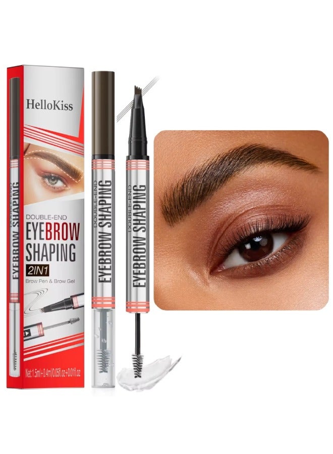 Double End Eyebrow Shaping 2 in 1 4 Tip Head Brow Pen and Eyebrow Gel Clear Brow Styling Gel and Eyebrow Color Ink Pen Hair Like Strokes Smooth Stroke Liquid Eyebrow Pencil Dark Brown 02