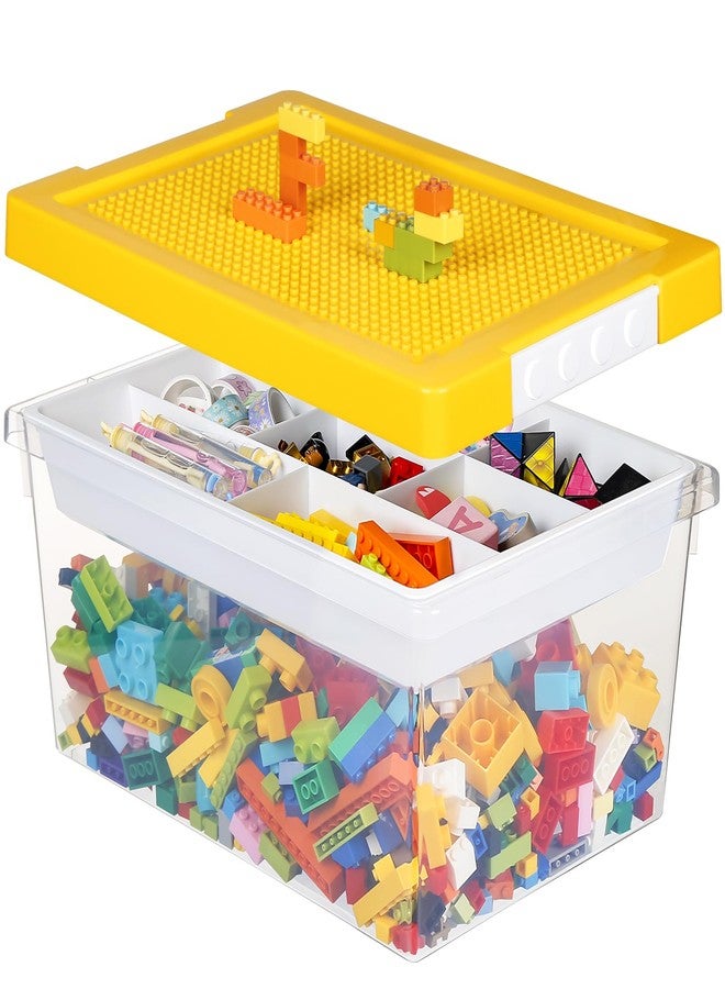 loobuu Plastic Storage Bins with Lids - 1 Set Stackable Arts Crafts Organizer Box with Removable Divided Tray &Compatible Building Baseplate,Toy Chest Containers for Bricks-Yellow(14.37"x9.64"x6.69") - Image 1