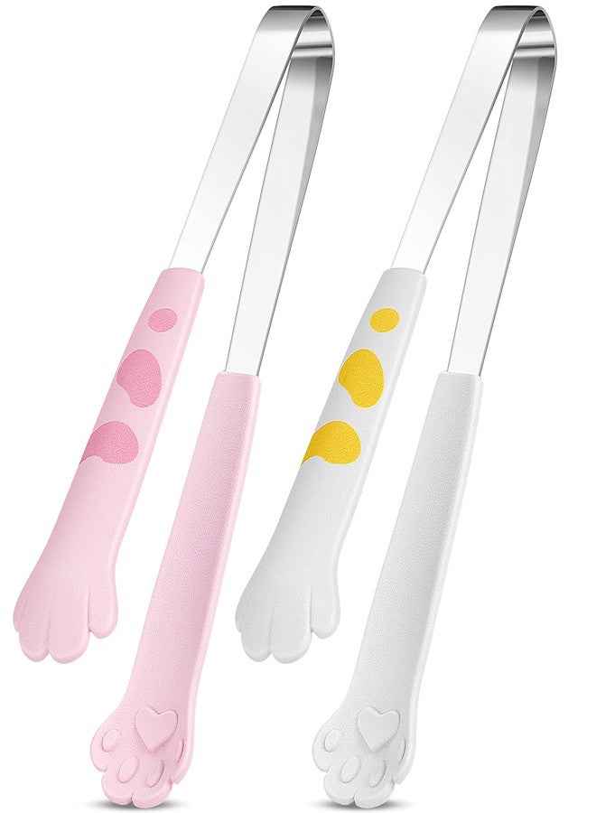Patelai Cat Tongs 7 Inch Food Clips Kitchen Tongs Cat Paw Shape Tongs Stainless Steel Cooking Tongs for BBQ Cooking Grilling Sweets, Sugar (2, White, Pink) - Image 1
