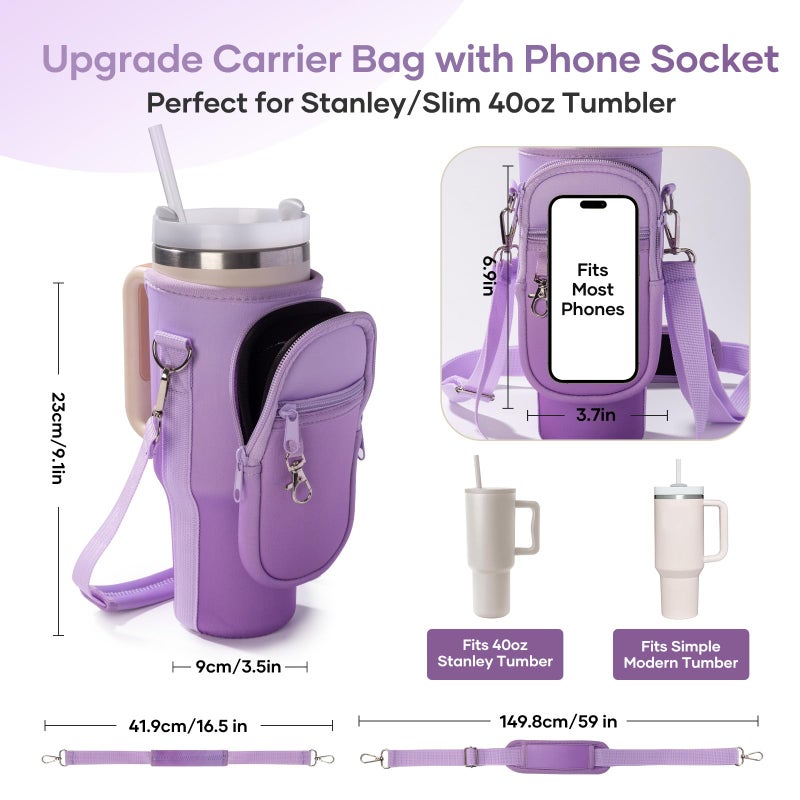 linmaya Water Bottle Carrier Bag for Stanley Cup 40/30oz with Phone Holder Pockets,Neoprene Water Bottle Cross-body Bag with Adjustable Shoulder & Hand Strap Stanley Cup Accessories - Image 2