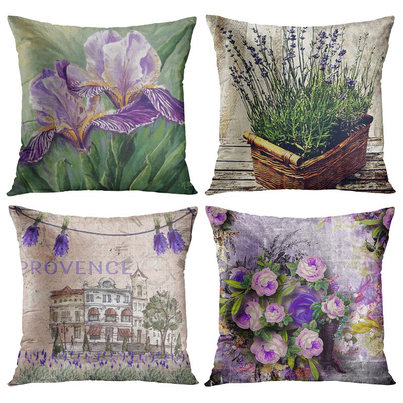 ArtSocket Set of 4 Throw Pillow Covers Watercolor Blossom Provence France Lavender Flower Summer Love Beautiful Green Iris Decorative Pillow Cases Home Decor Square 18x18 Inches Pillowcases