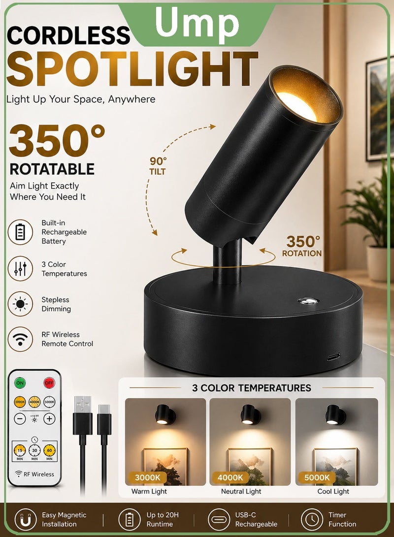 Ump Wireless Indoor Spotlights, Rechargeable LED Uplight with Remote Control, Battery-Powered LED Spotlight, Timer & Dimmable, 3 Color Temperatures Tree Light, Accent Spotlight for Plants, Artwork, Picture, Gallery Wall, Display Lighting,(Black) - Image 1