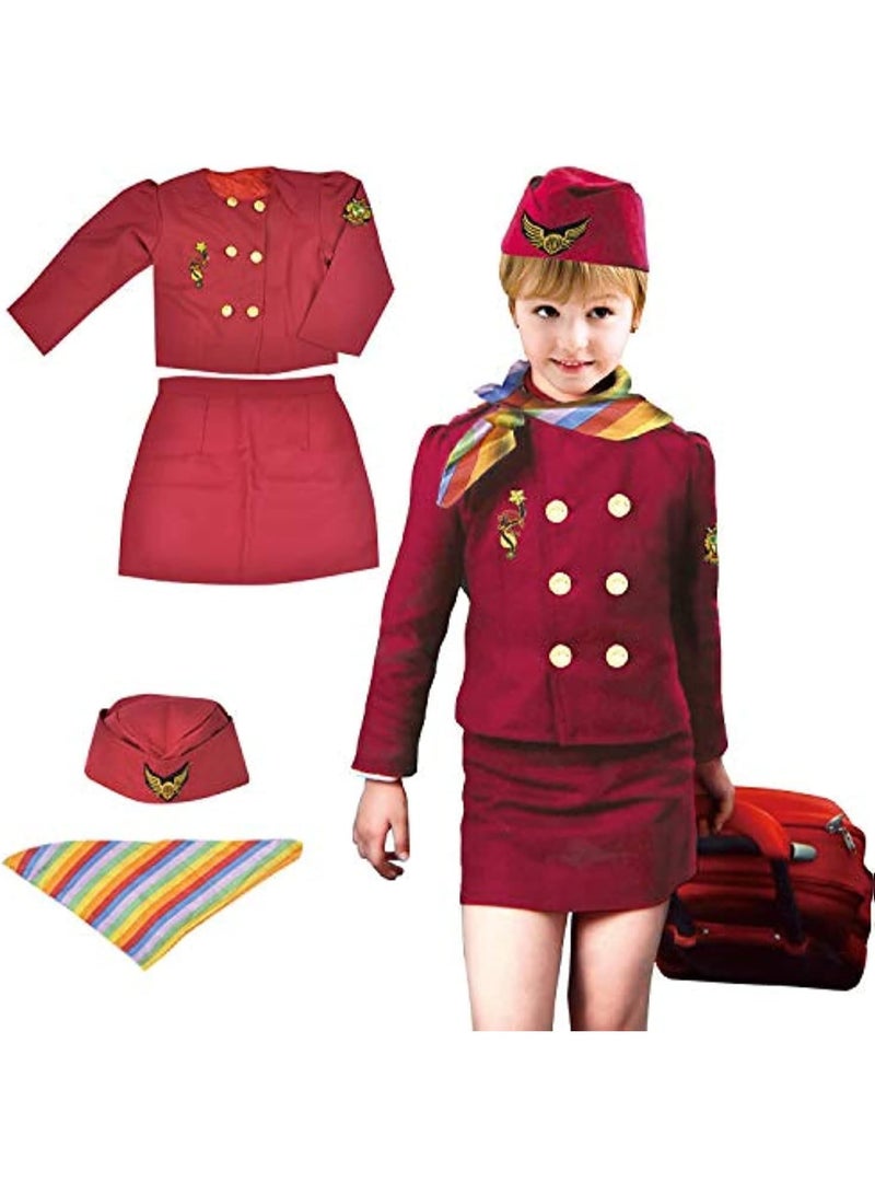 LIMOS Girls Flight Attendant Costume Set – 4-Piece Air Hostess Dress with Skirt, Jacket, Hat & Scarf for Kids Role Play, Cosplay, Halloween & Party Outfit (Ages 3-8) - Image 1