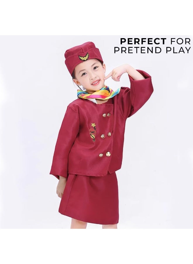 LIMOS Girls Flight Attendant Costume Set – 4-Piece Air Hostess Dress with Skirt, Jacket, Hat & Scarf for Kids Role Play, Cosplay, Halloween & Party Outfit (Ages 3-8) - Image 2