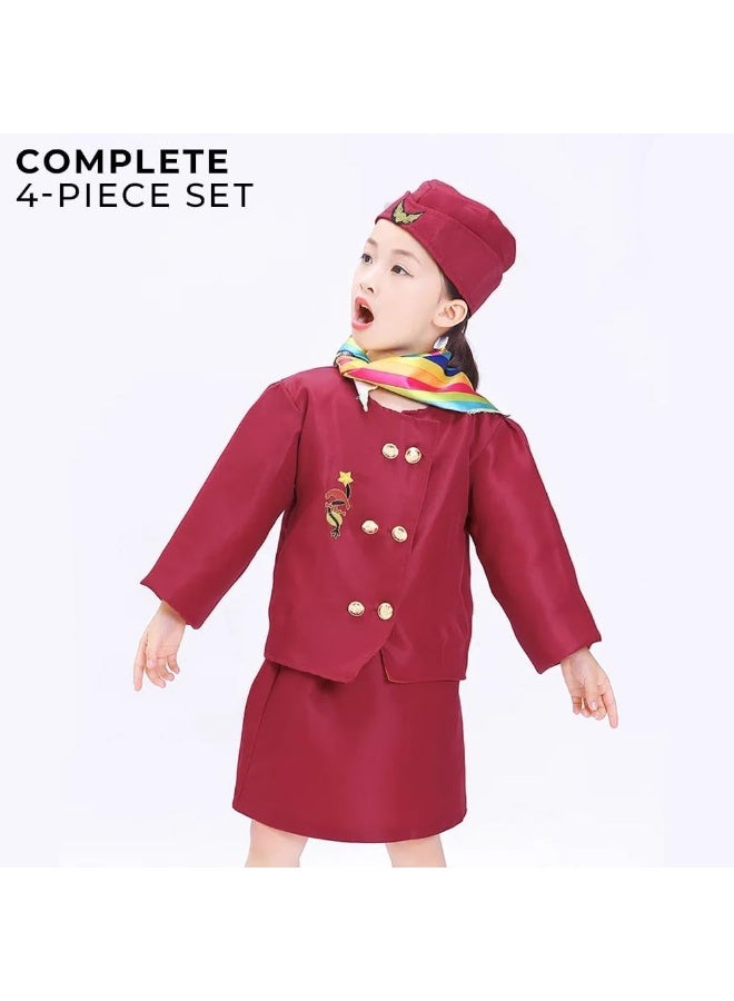 LIMOS Girls Flight Attendant Costume Set – 4-Piece Air Hostess Dress with Skirt, Jacket, Hat & Scarf for Kids Role Play, Cosplay, Halloween & Party Outfit (Ages 3-8) - Image 4