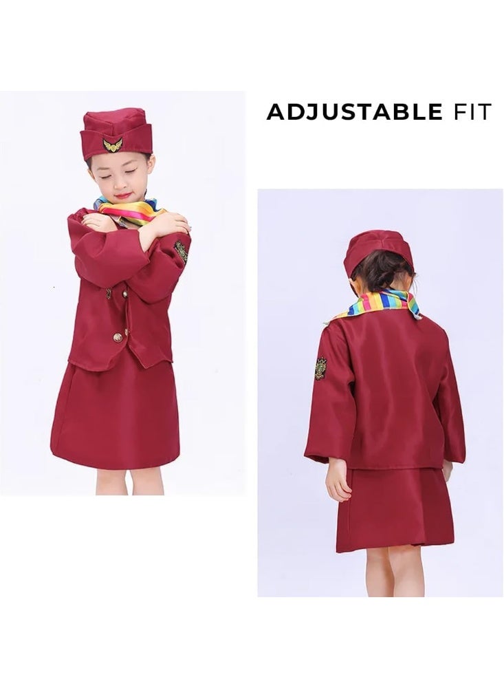 LIMOS Girls Flight Attendant Costume Set – 4-Piece Air Hostess Dress with Skirt, Jacket, Hat & Scarf for Kids Role Play, Cosplay, Halloween & Party Outfit (Ages 3-8) - Image 5