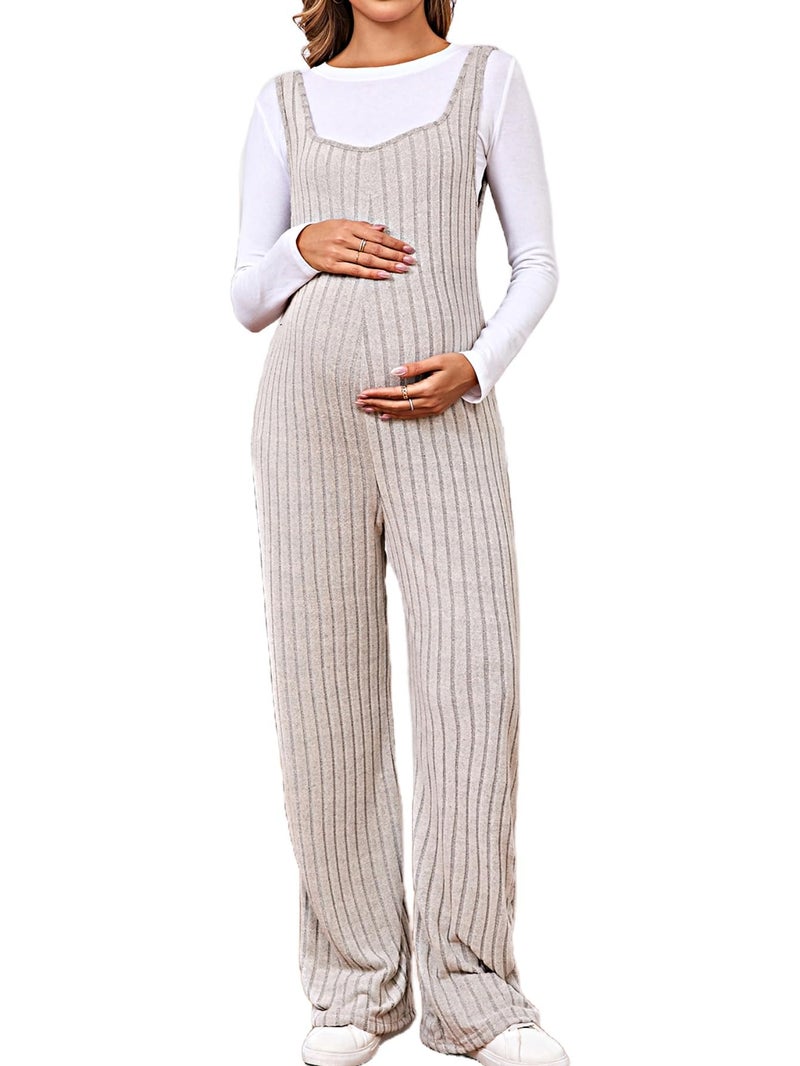 MakeMeChic Women's Maternity Jumpsuits Sleeveless Rib Knitted Straight Leg Overalls Romper Apricot Small - Image 1