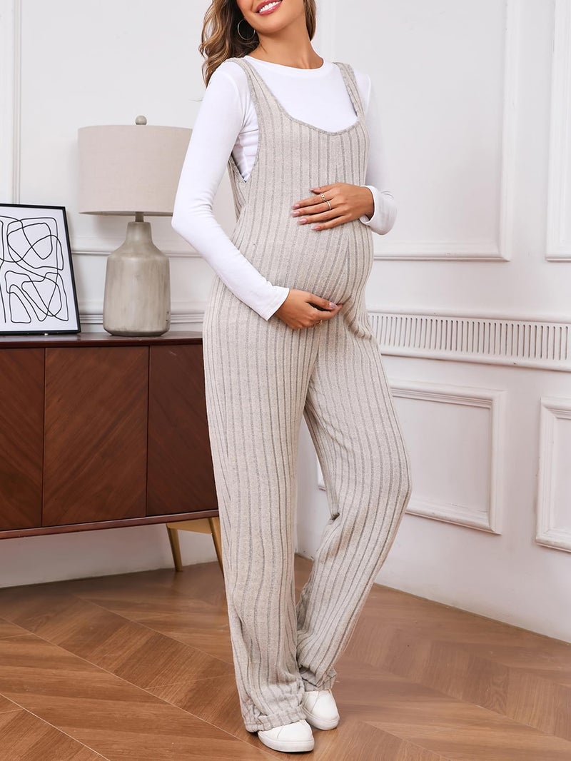 MakeMeChic Women's Maternity Jumpsuits Sleeveless Rib Knitted Straight Leg Overalls Romper Apricot Small - Image 4