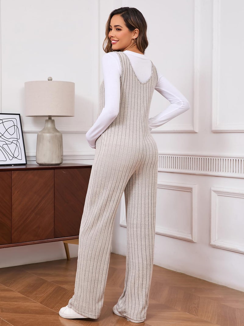 MakeMeChic Women's Maternity Jumpsuits Sleeveless Rib Knitted Straight Leg Overalls Romper Apricot Small - Image 2
