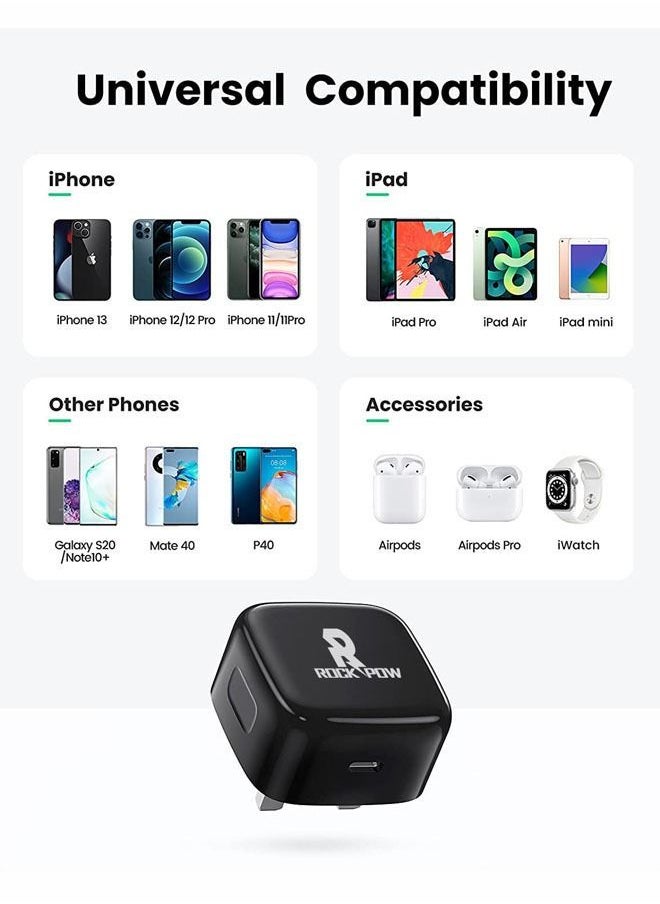Rock Pow - ROCK POW PD 20W USB C Charger Cable Set for iPhone 14 Pro Charger Cord Type C Fast Charging Wall Plug with iPhone Lightning Cable Compatible for iPhone 14 Pro/14 Pro Max/14 Plus/14/13/12/11/Xs, iPad Pro - Image 1