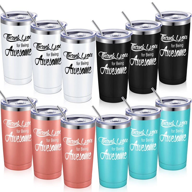 Suclain Thank You Gifts Employee Appreciation Gifts Thank You for Being Awesome Tumbler 20 oz Stainless Steel with Lid Straw for Women Men Back to SchoolLight Blue Rose Gold Black White12 Sets