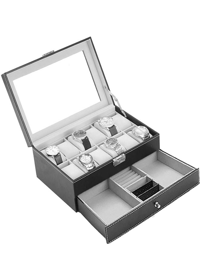 PADOM صندوق ساعة بادوم مع غطاء زجاجي، 12 فتحة من جلد البولي يوريثان منظم للساعة من طبقتين مع درج مجوهرات للتخزين والعرض (أسود) - Image 2